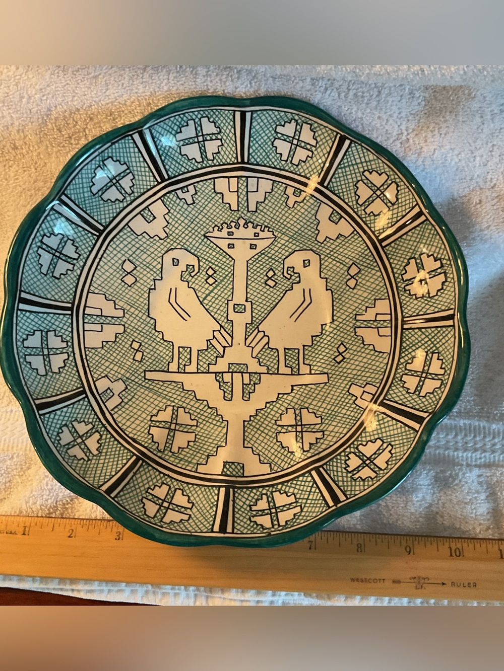 Teal and Cream Decorative Ceramic Wall Plate with Bird Motif
